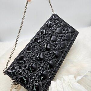 Christian Dior   Black Cannage Quilted Patent Leather LadyD Clutch Bag